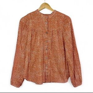 LOFT peach/rust polka dot long-sleeve flowy blouse w/ metallic accents